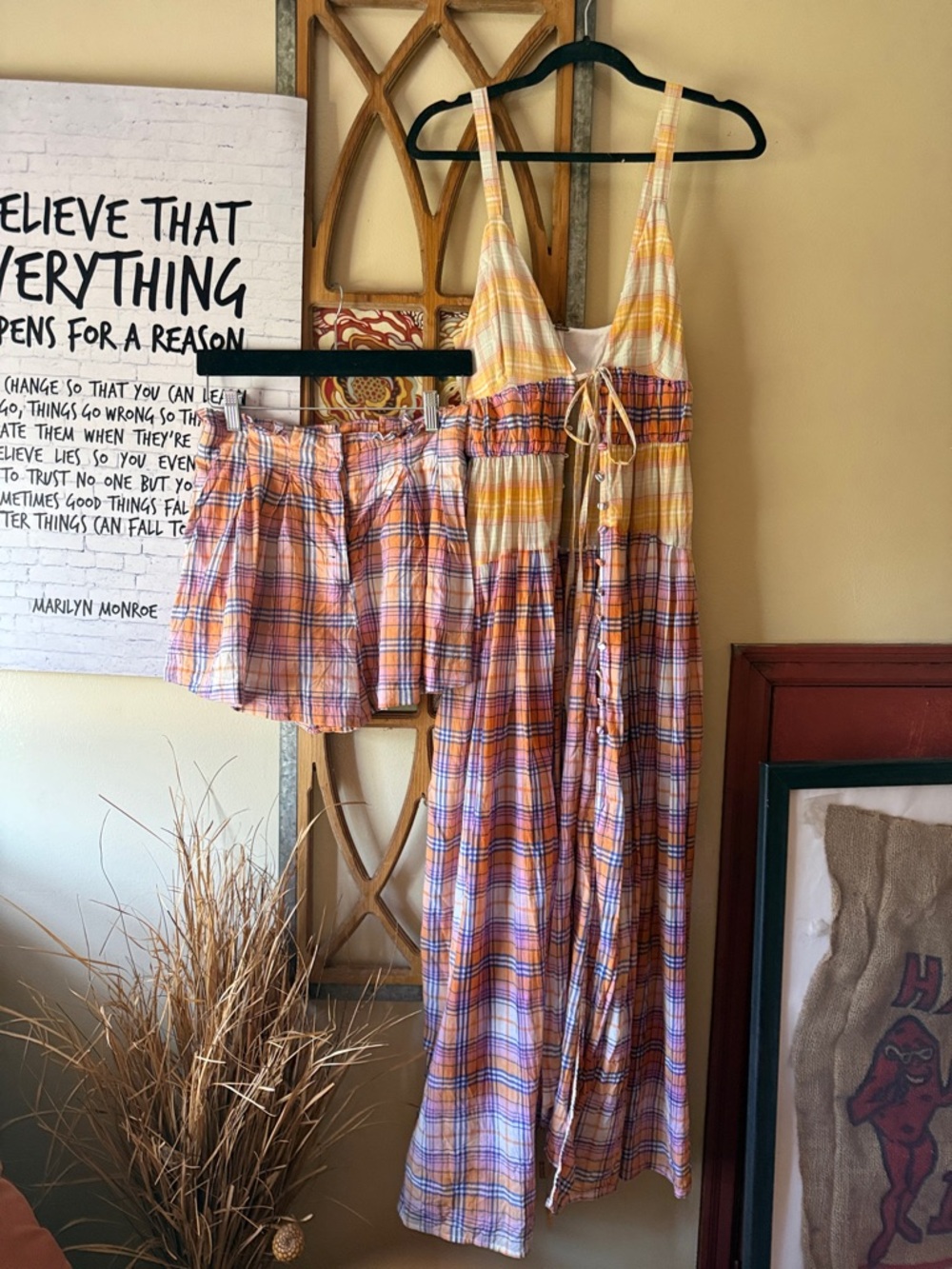 Women’s Plaid Tie-Front Dress and Shorts Set - Yellow & Pink
